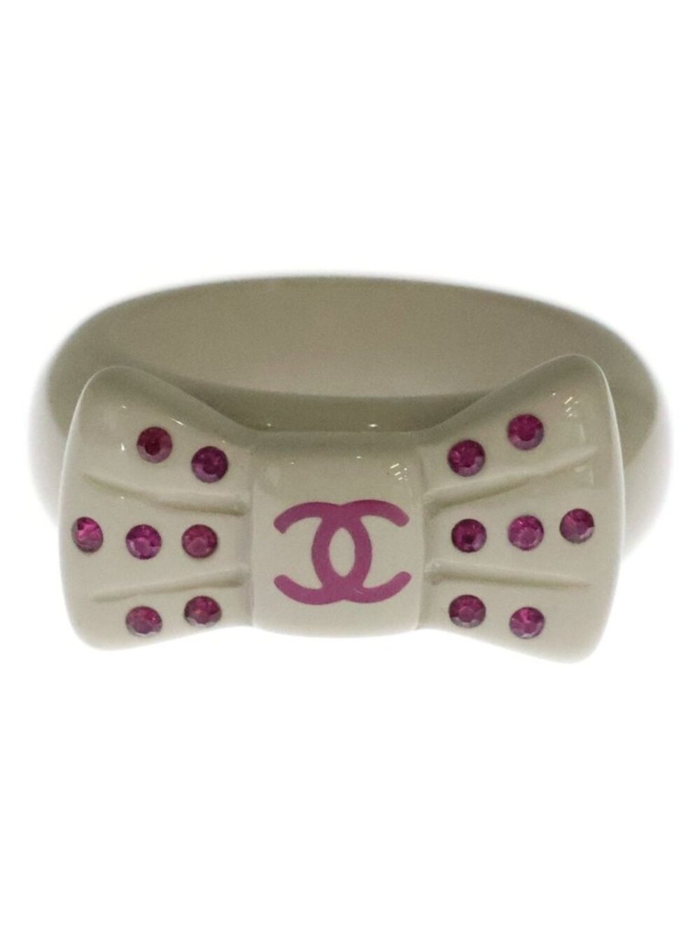 Chanel CC Logo Rhinestone Ribbon Ring Gray